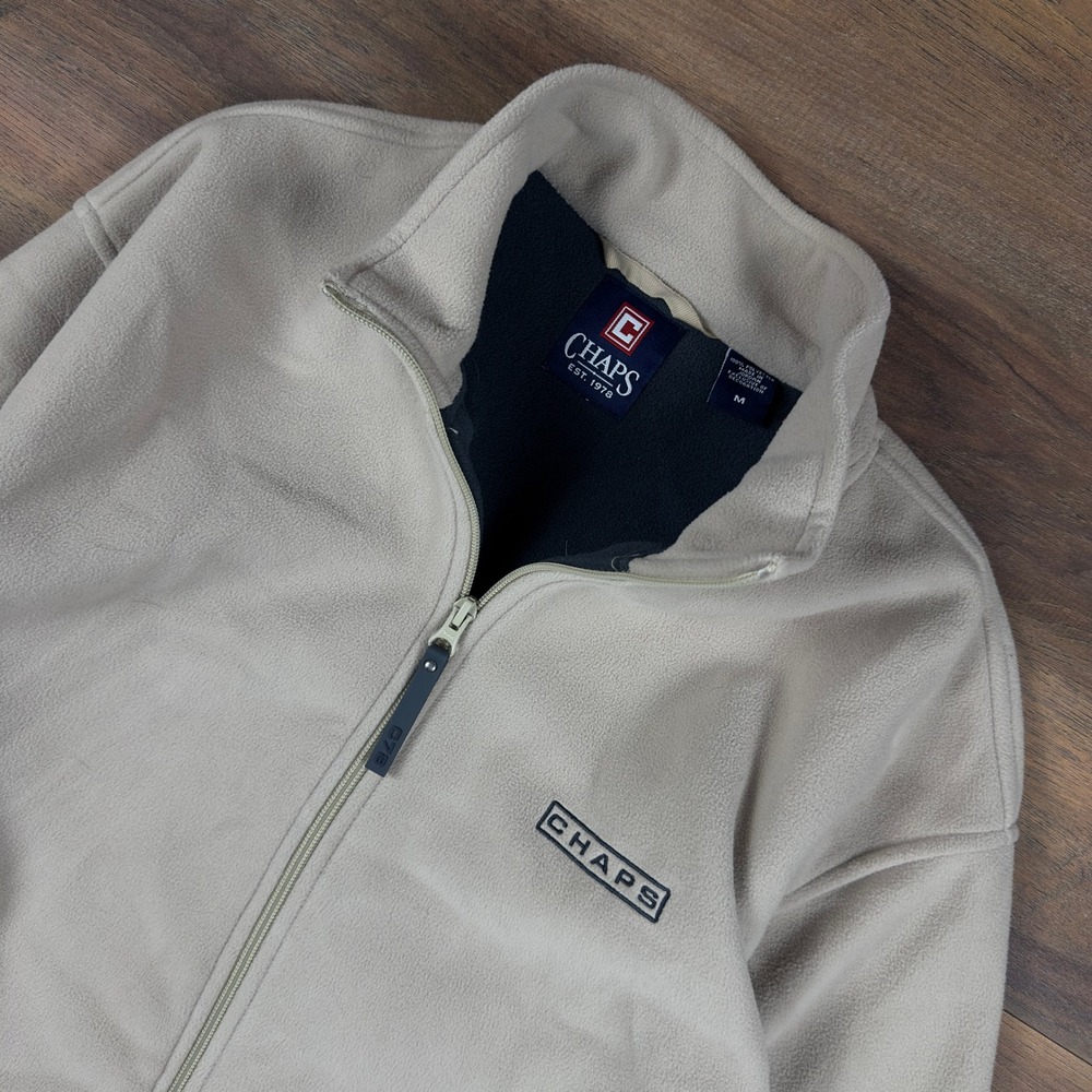 Chaps Mens Full Zip Fleece Jacket Tan Beige Mock Neck Logo Size Medium